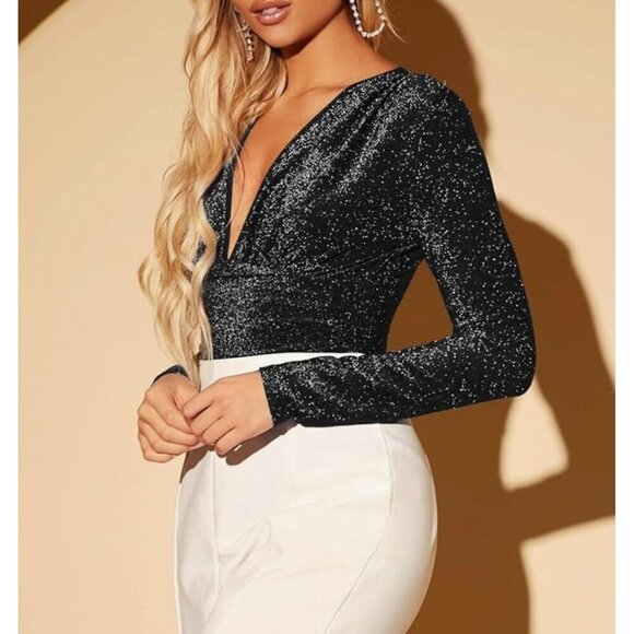 Black Sparkly Long Sleeve Deep V-Neck Bodysuit For Women - Picture 4 of 4